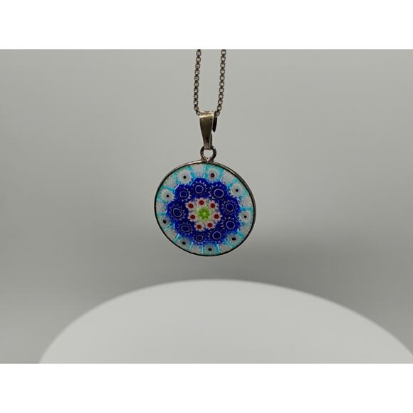 Italian Millefiori Glass Pendant in Sterling Silver on a 20-inch Box Chain - Picture 4 of 5